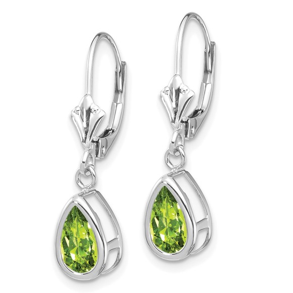 14k White Gold 8x5mm Pear Peridot August Birthstone Leverback Earrings - Picture 2 of 4